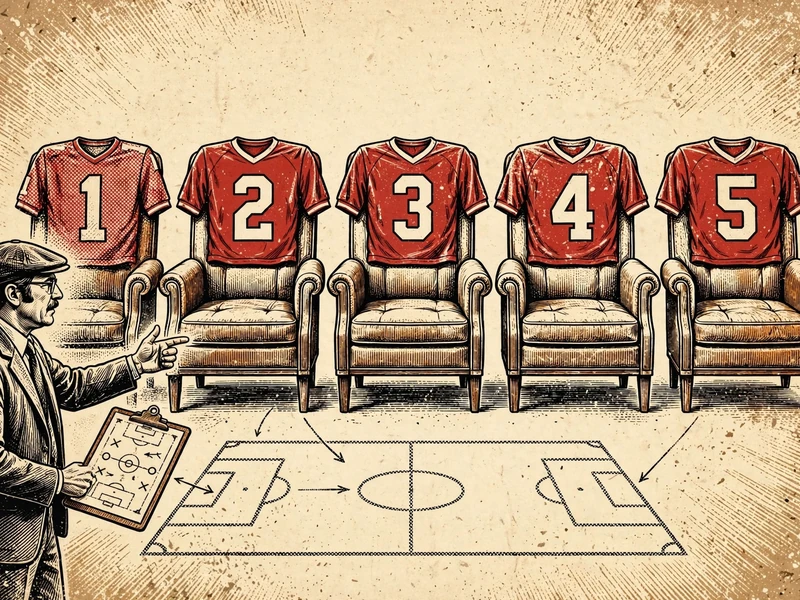Cinco poltronas com camisas numeradas 1 a 5 como time de futebol, treinador com prancheta tática