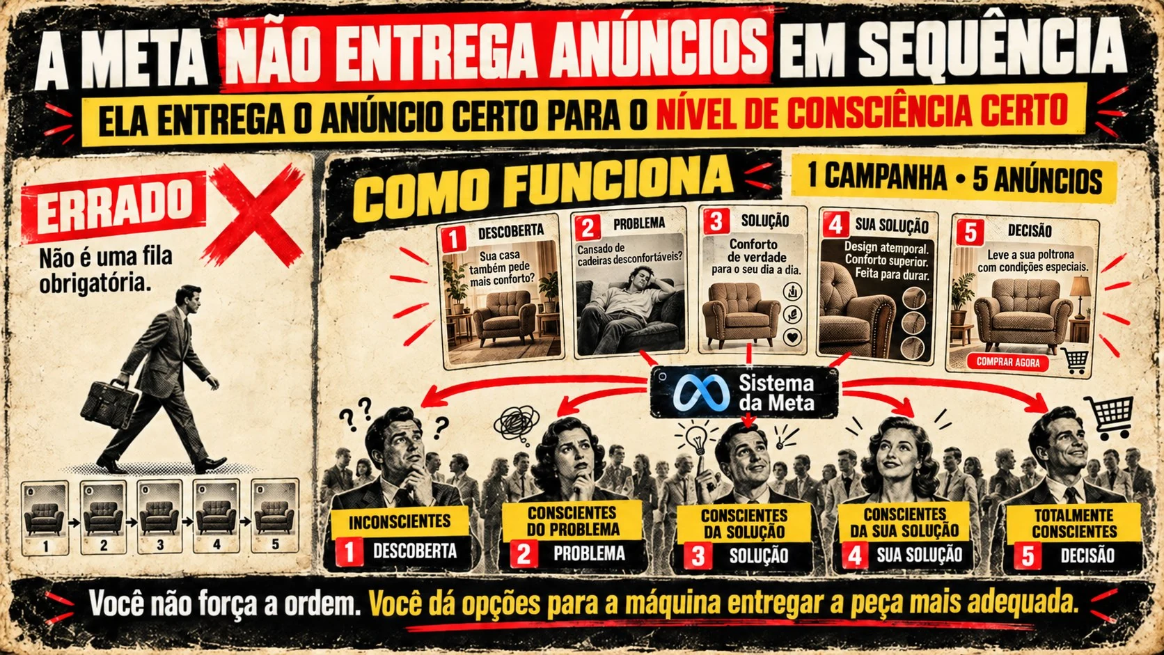 A Meta não entrega anúncios em sequência, ela entrega o anúncio certo para o nível de consciência certo - 1 campanha 5 anúncios